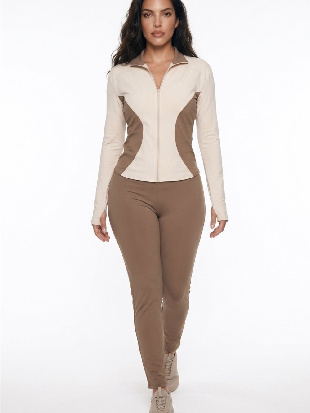 Two-Tone Zip Front Active Jacket and legging set. Cream and Brown